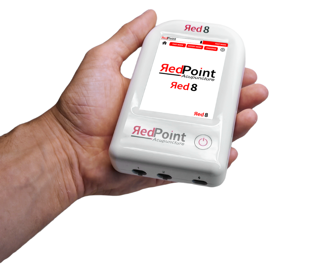 Illustration de l'appareil Red 8 de RedPoint Acupuncture tenu dans une main de practicien, dispositif portable LED rouge pour la stimulation de 8 points d’acupuncture.