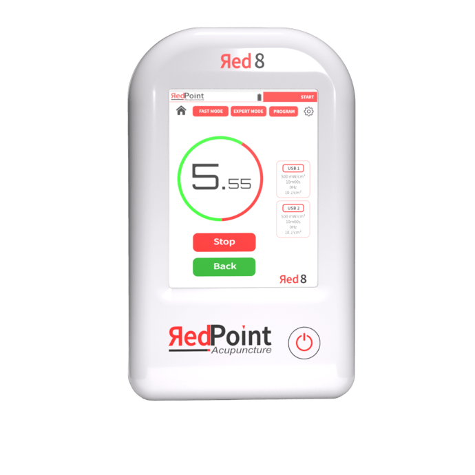 Appareil Red 8 de RedPoint Acupuncture, dispositif portable LED rouge pour la stimulation de 8 points d’acupuncture.