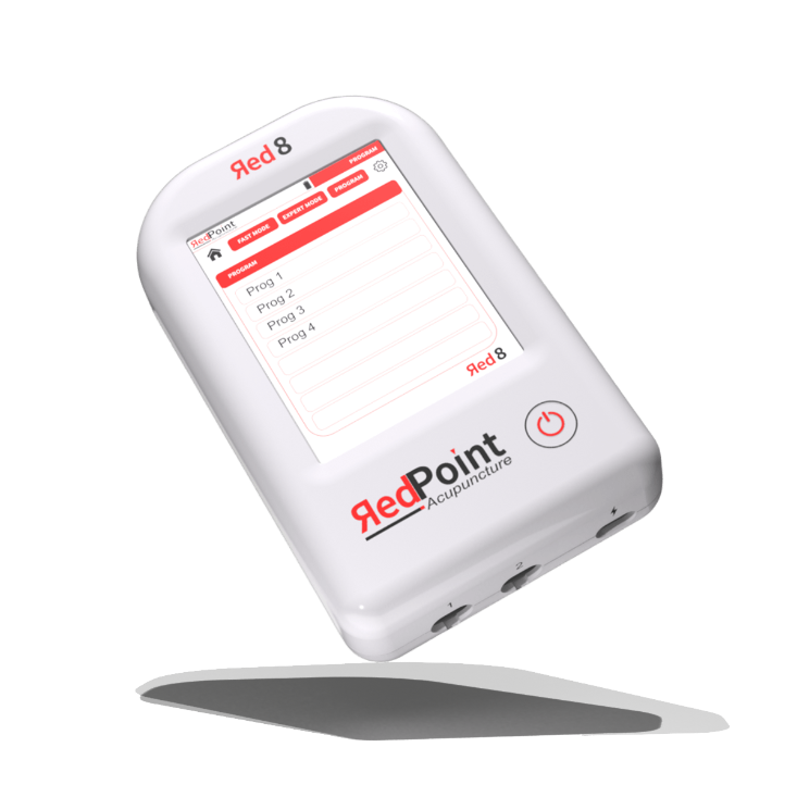 Ecran liste des programmes d&#39;acupuncture LED, appareil Red 8 de RedPoint Acupuncture, dispositif portable LED rouge pour la stimulation de 8 points d’acupuncture.