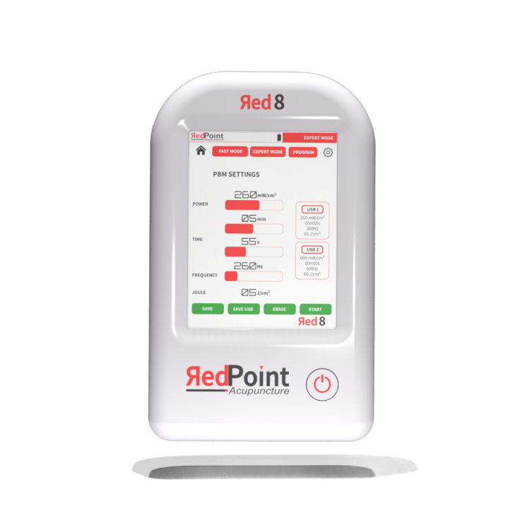 Ecran de paramêtre de session d&#39;acupuncture LED, appareil Red 8 de RedPoint Acupuncture, dispositif portable LED rouge pour la stimulation de 8 points d’acupuncture.