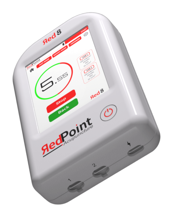 Appareil Red 8 de RedPoint Acupuncture, dispositif portable LED rouge pour la stimulation de 8 points d’acupuncture.
