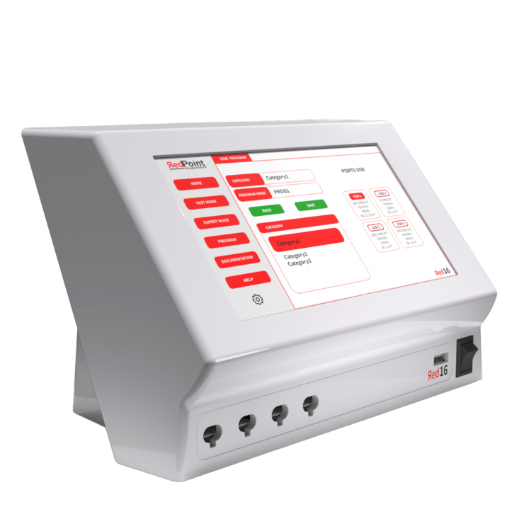 Ecran liste des programmes d&#39;acupuncture LED, appareil Red 16 de RedPoint Acupuncture, dispositif professionnel LED rouge pour la stimulation simultanée de 16 points d’acupuncture.