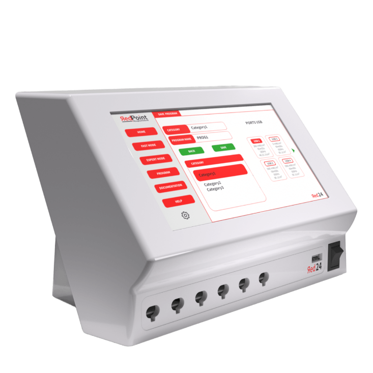 Ecran liste des programmes d&amp;#39;acupuncture LED, appareil Red 24 de RedPoint Acupuncture, dispositif professionnel LED rouge pour la stimulation simultanée de 24 points d’acupuncture.