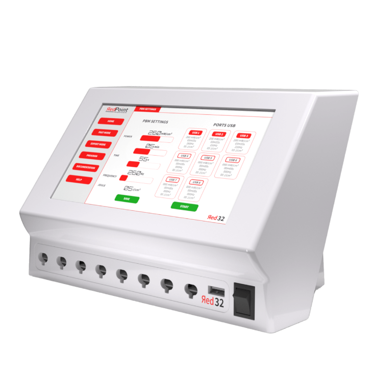 Ecran de paramêtre des sessions d&amp;#39;acupuncture LED, appareil Red 32 de RedPoint Acupuncture, dispositif professionnel LED rouge pour la stimulation simultanée de 32 points d’acupuncture.