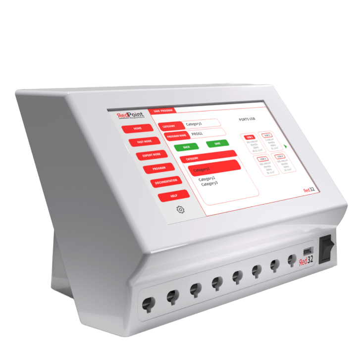 Ecran liste des programmes d&amp;#39;acupuncture LED, appareil Red 32 de RedPoint Acupuncture, dispositif professionnel LED rouge pour la stimulation simultanée de 32 points d’acupuncture.