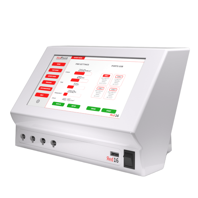 Ecran de paramêtre des sessions d&#39;acupuncture LED, appareil Red 16 de RedPoint Acupuncture, dispositif professionnel LED rouge pour la stimulation simultanée de 16 points d’acupuncture.