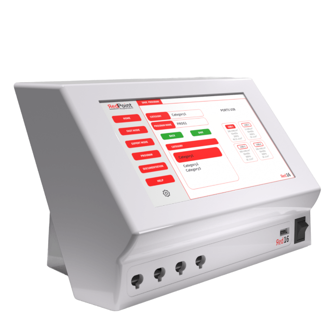 Ecran liste des programmes d&#39;acupuncture LED, appareil Red 16 de RedPoint Acupuncture, dispositif professionnel LED rouge pour la stimulation simultanée de 16 points d’acupuncture.