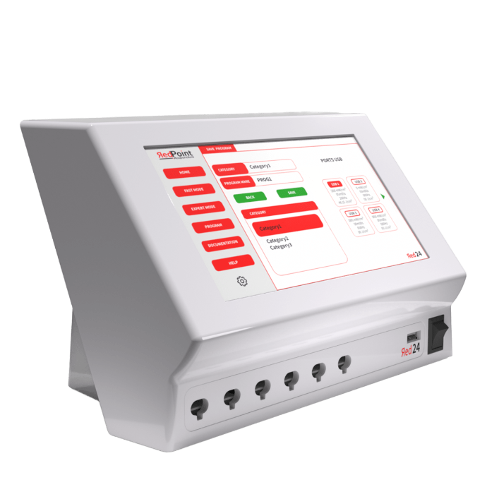 Ecran liste des programmes d&amp;#39;acupuncture LED, appareil Red 24 de RedPoint Acupuncture, dispositif professionnel LED rouge pour la stimulation simultanée de 24 points d’acupuncture.