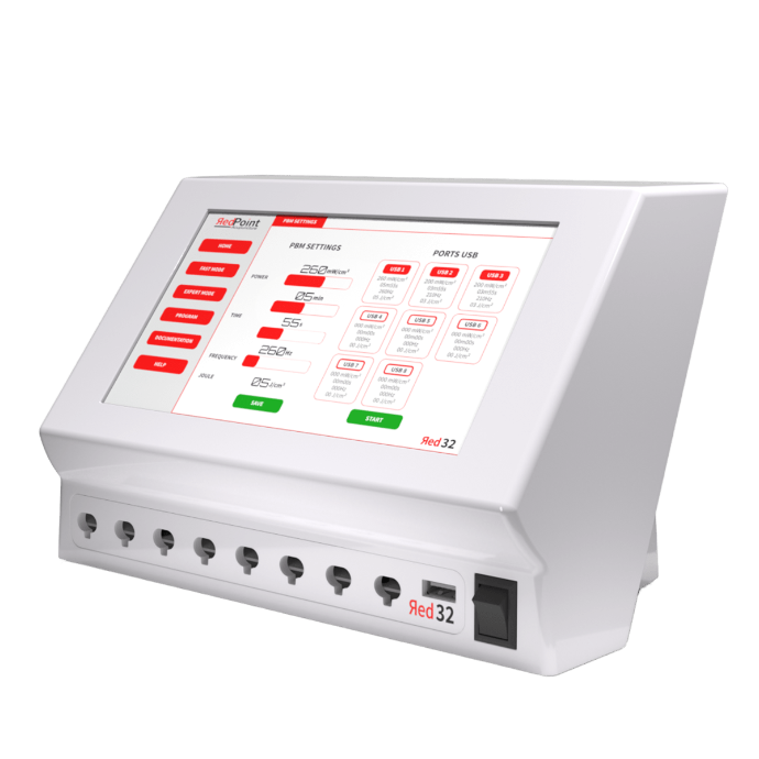 Ecran de paramêtre des sessions d&amp;#39;acupuncture LED, appareil Red 32 de RedPoint Acupuncture, dispositif professionnel LED rouge pour la stimulation simultanée de 32 points d’acupuncture.