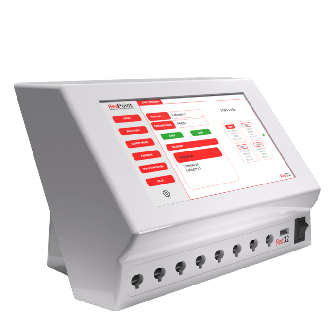 Ecran liste des programmes d&amp;#39;acupuncture LED, appareil Red 32 de RedPoint Acupuncture, dispositif professionnel LED rouge pour la stimulation simultanée de 32 points d’acupuncture.