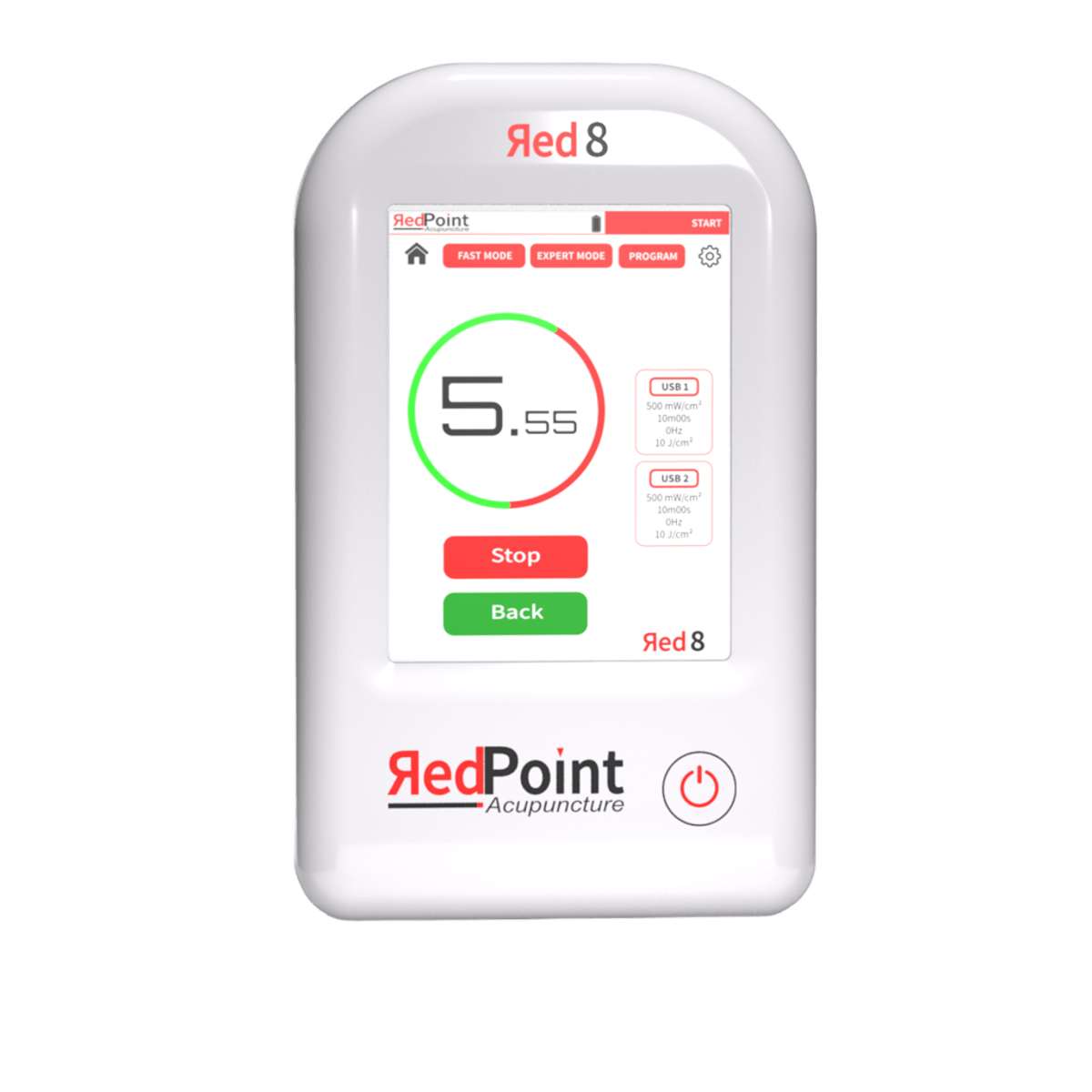 Appareil Red 8 de RedPoint Acupuncture, dispositif portable LED rouge pour la stimulation de 8 points d’acupuncture.