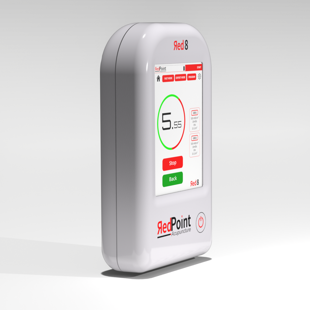 Appareil Red 8 de RedPoint Acupuncture, dispositif portable LED rouge pour la stimulation de 8 points d’acupuncture.