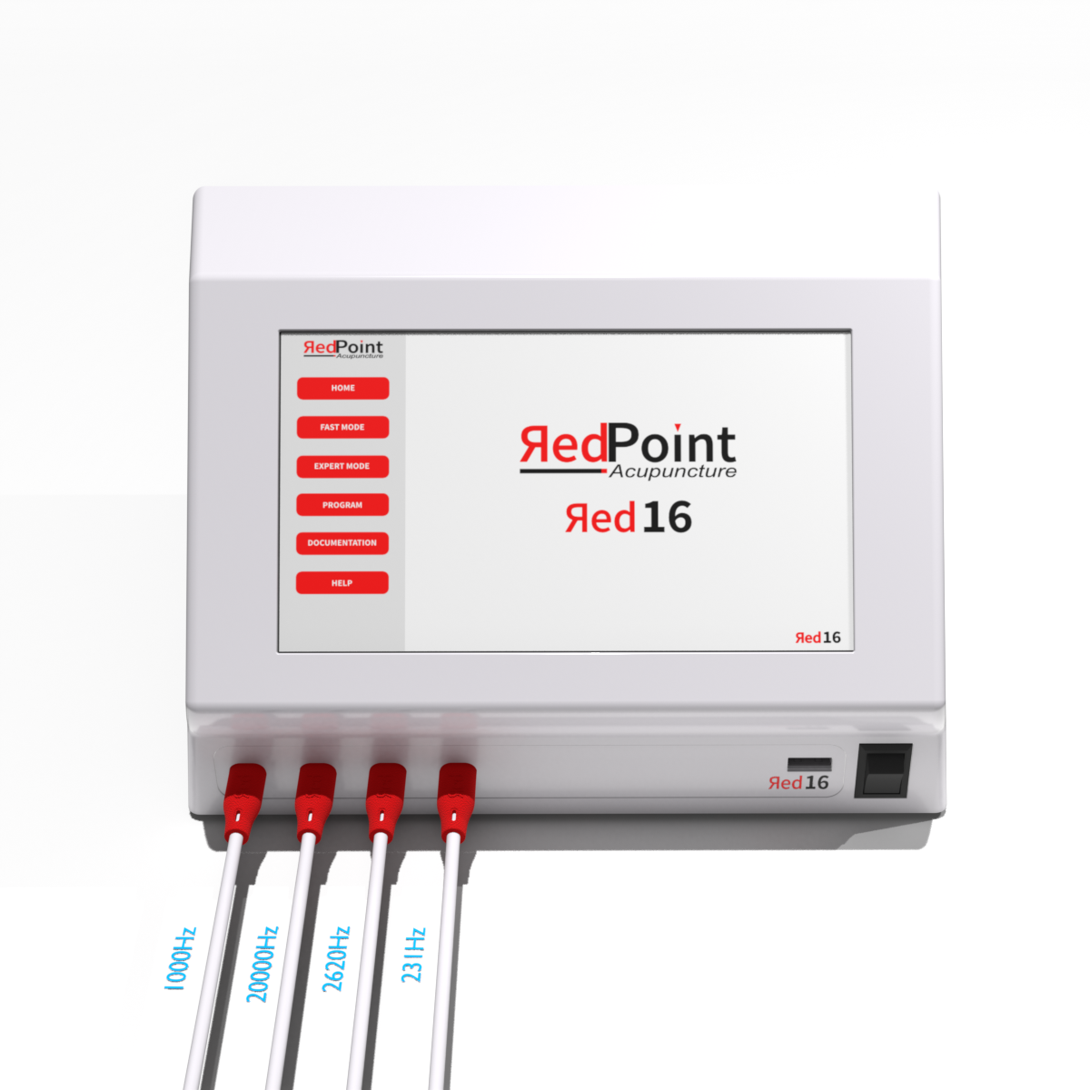 Illustration des différentes fréquences sur chaque sortie de l&#39;appareil Red 16 de RedPoint Acupuncture, dispositif professionnel LED rouge pour la stimulation simultanée de 16 points d’acupuncture.