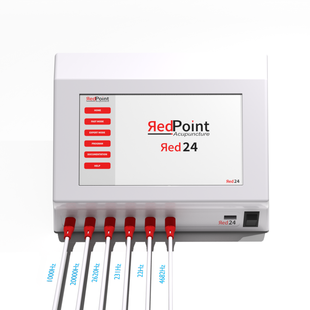 Illustration des différentes fréquences sur chaque sortie de l&#39;appareil Red 24 de RedPoint Acupuncture, dispositif professionnel LED rouge pour la stimulation simultanée de 24 points d’acupuncture.