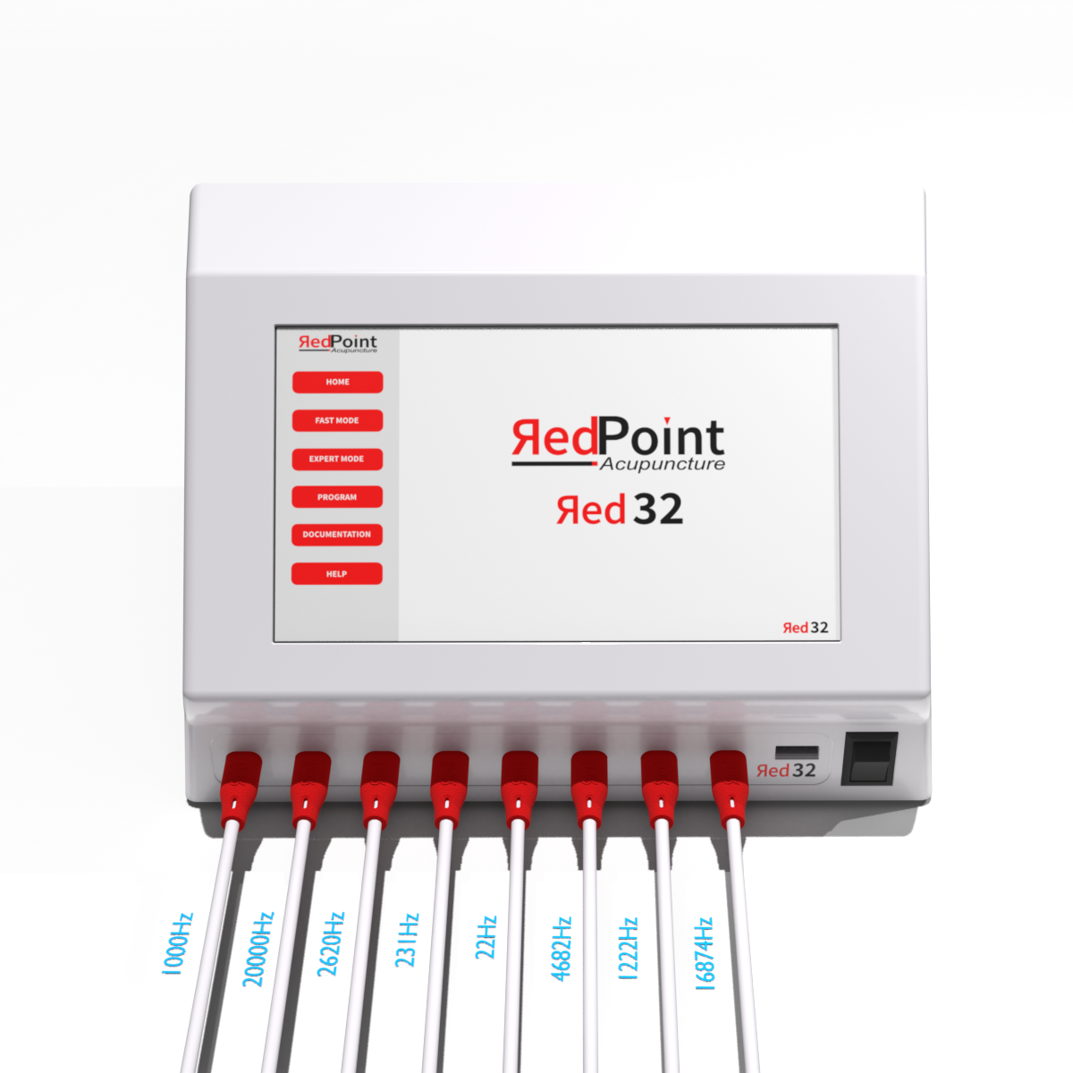 Illustration des différentes fréquences sur chaque sortie de l&amp;#39;appareil Red 32 de RedPoint Acupuncture, dispositif professionnel LED rouge pour la stimulation simultanée de 32 points d’acupuncture.