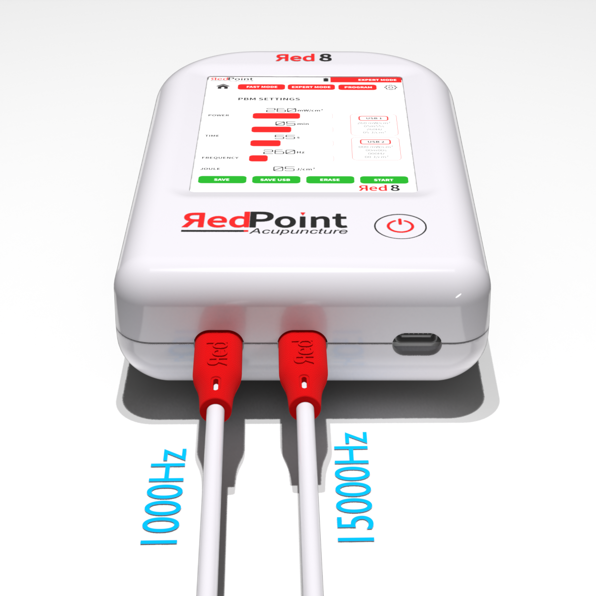 Illustration des différences de fréquences entre les 2 sorties de l&#39;appareil Red 8 de RedPoint Acupuncture, dispositif portable LED rouge pour la stimulation de 8 points d’acupuncture.