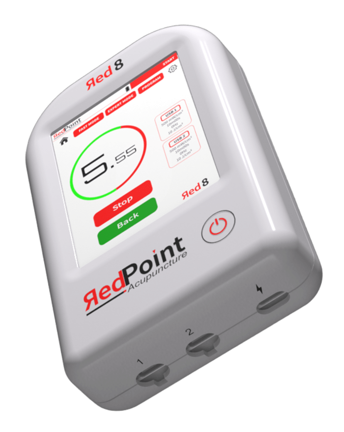 Appareil Red 8 de RedPoint Acupuncture, dispositif portable LED rouge pour la stimulation de 8 points d’acupuncture.