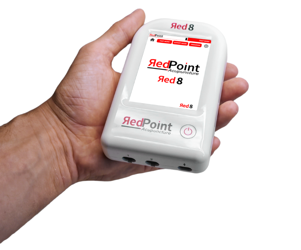 Illustration de l'appareil Red 8 de RedPoint Acupuncture dans la mains d'un practicien, dispositif portable LED rouge pour la stimulation de 8 points d’acupuncture.